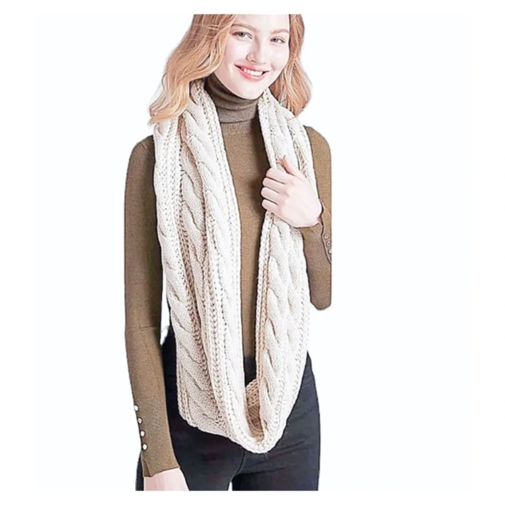 New York & Co Scarf Cream Color Cable Knit Infinity Loop Scarf